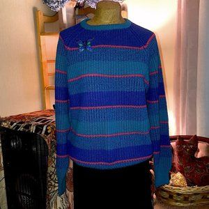 Vintage 1980’s acrylic, striped sweater with vintage butterfly brooch- teal blue